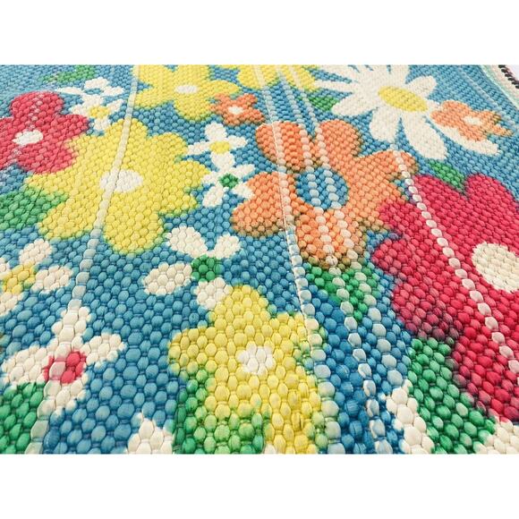Vintage 70's Flower Power Groovy Rag Throw Rug 44"x24" Granny Core Wall Art Blue - Picture 7 of 12